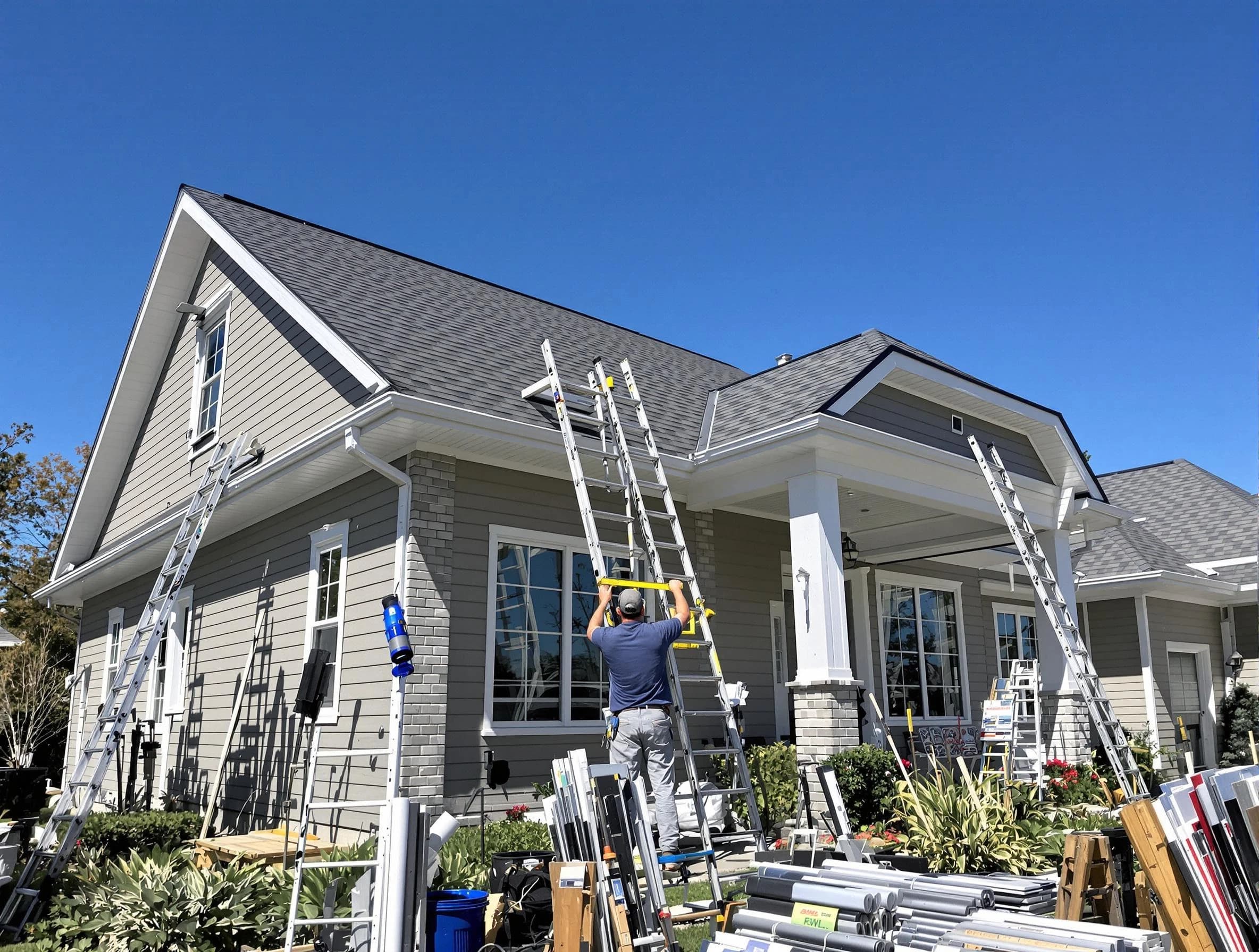 Willoughby Roofing Company fitting rain gutters at a home in Willoughby, OH